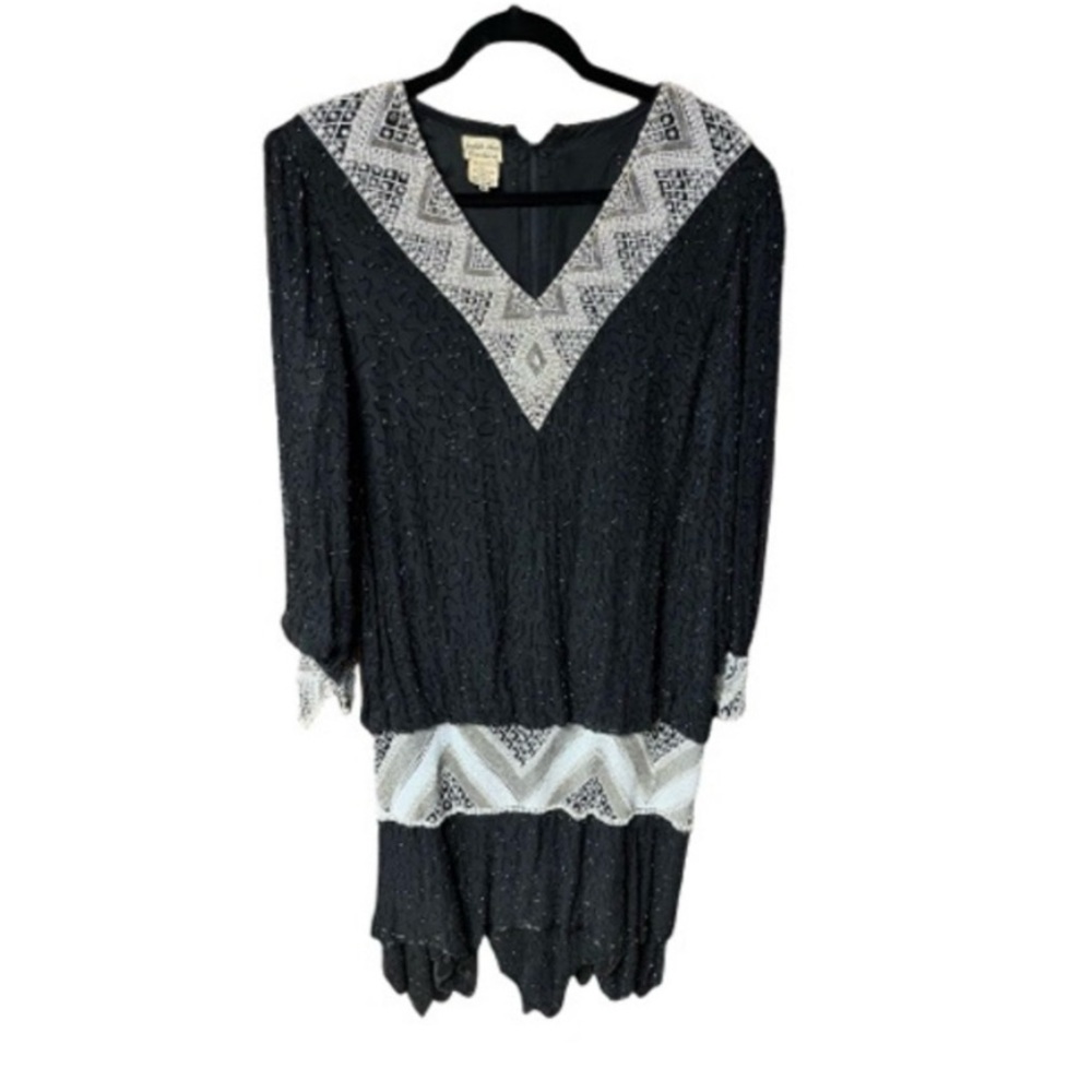 Judith Ann Vintage Silk Black Beaded Drop Waist Flapper Dress